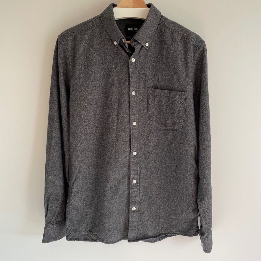 Only & Sons Mens Slim Fit Button‎ Down Shirt Gray Cotton Casual Dress Medium